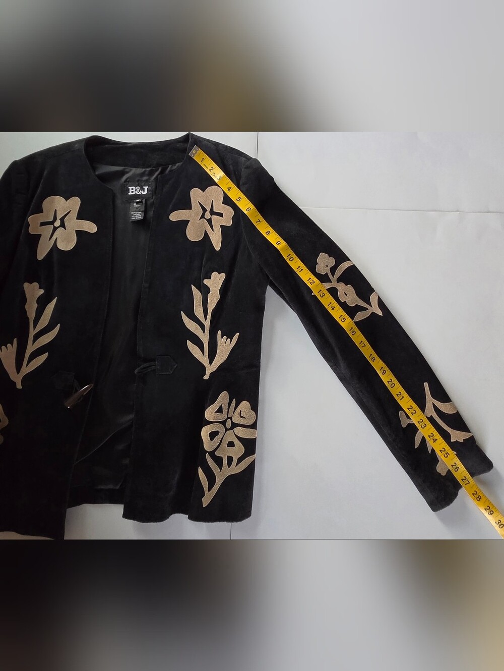 B&J Black Suede Floral Applique Jacket Autumn Outerwear Collarless Leather Coat - Picture 5 of 11